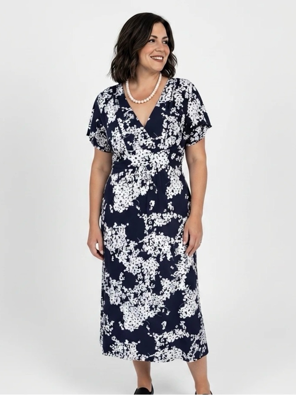 Merona Navy Floral V-Neck Midi Dress Empire Waist Women’s Medium